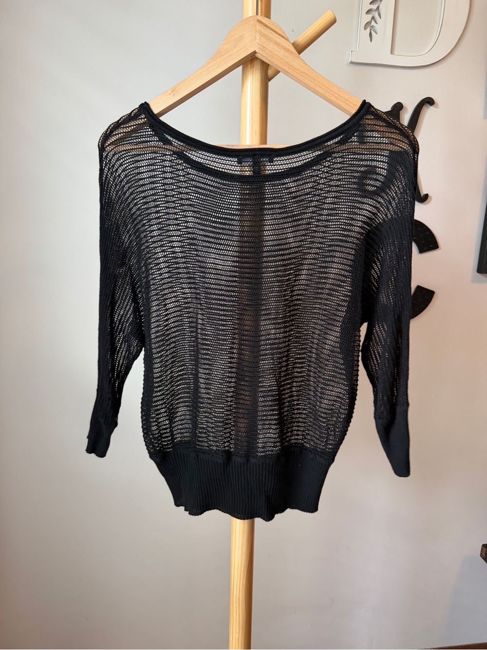 Eileen Fisher Bateau Neck Open Knit Sweater Black 3/4 Sleeve Top Size XS Shirt